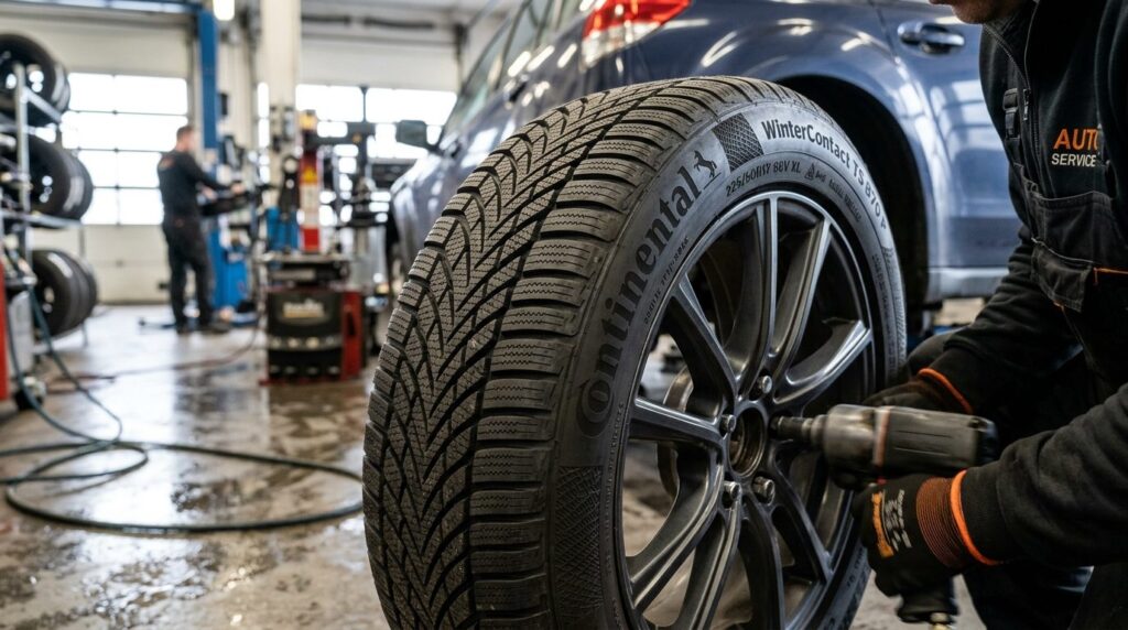 Detailed close-up photograph of winter tires on a vehicle du